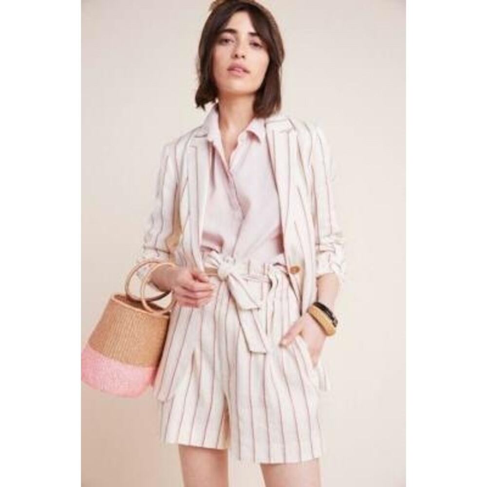 Anthropologie Striped Linen Blend Paperbag Shorts 12 High Waist Pleated Coastal
